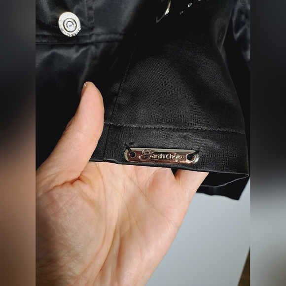 Jacket, black, rhinestones, jewel buttons, three buttons, shiny fabric - Picture 9 of 10